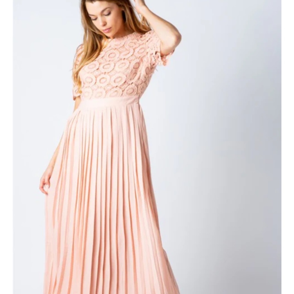 Pink Accordion Pleated Maxi Dress Crochet Bridesmaid